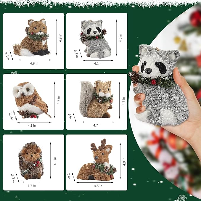 Nature Vibe Sisal Woodland Animals Christmas Tree Ornaments,Set of 6 Natural Woodland Creatures Christmas Ornaments in Gift Box for Rustic Christmas Tree Decorations or Farmhouse Decor
