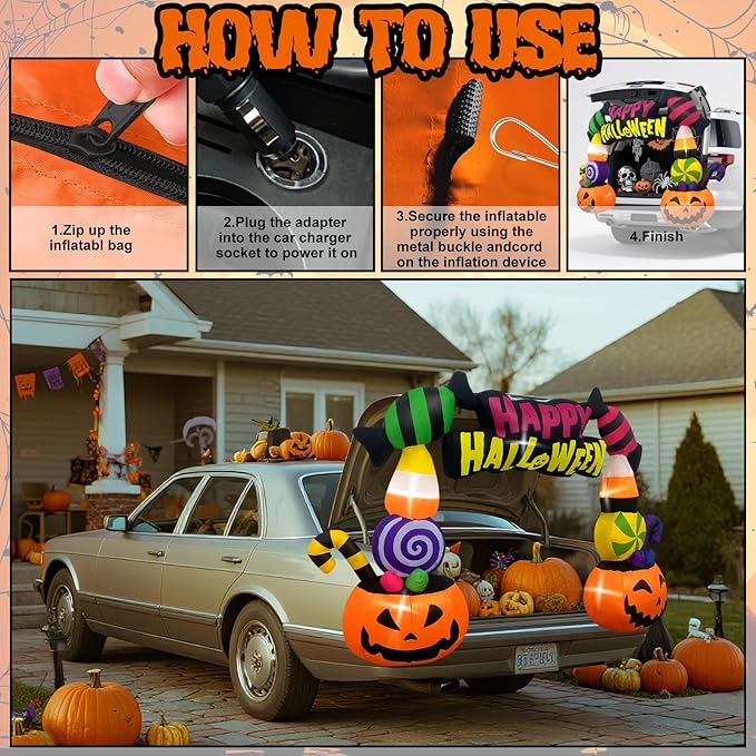 Kalolary 6FT Height Halloween Inflatables Trunk or Treat Car Decorations, Candy Pumpkin Arch Blow up Decorations with Built-in LED Lights Up for Halloween Party Lawn Yard SUV Car Luggage Decor