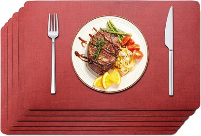 Maxpearl Faux Leather Placemats Set of 6 - Waterproof - Wipe Clean - Heat Resistant - Anti Slip Dining Table Place Mats, Suitable for Indoor & Outdoor Use, 17’’x12’’, Red