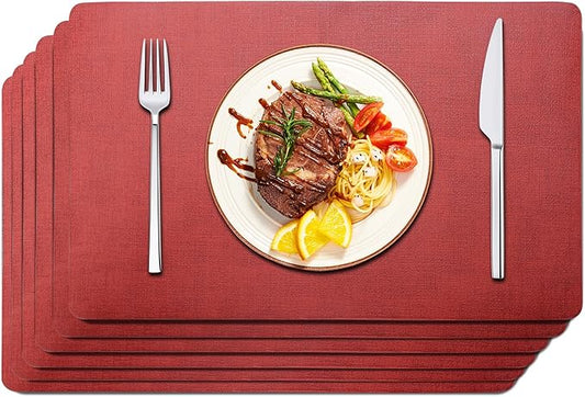 Maxpearl Faux Leather Placemats Set of 6 - Waterproof - Wipe Clean - Heat Resistant - Anti Slip Dining Table Place Mats, Suitable for Indoor & Outdoor Use, 17’’x12’’, Red