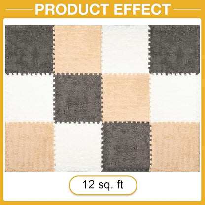 12 Pcs Plush Interlocking Carpet Tiles，Non-Toxic Foam Carpet Tiles for Toddler Baby，Machine-Washable，Anti-Slip，EVA Foam Interlocking Tiles for Floor, Nursery, Grey White Light Brown