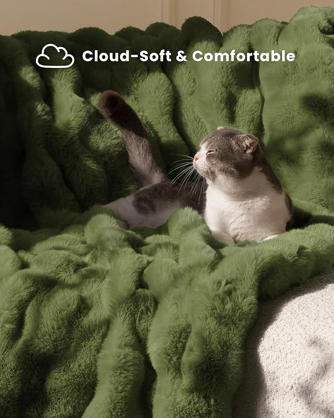 Ultra Soft Cozy Faux Fur Throw Blanket, Fuzzy Plush Thick Bubble Blanket, Oversize Luxury Fluffy Blanket for Couch, Bed, and Living Room, 60x80 Inches, Sage