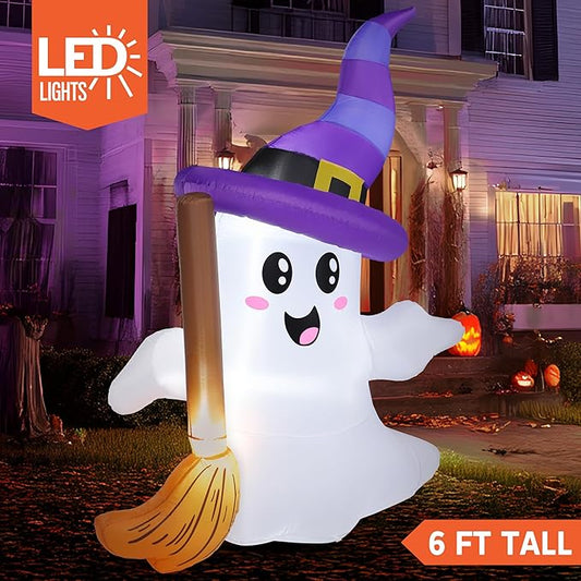 JOYIN 6 FT Tall Halloween Inflatables Ghost Outdoor Decorations, Cute Blow Up Ghost Holding Broom with LED, Blow Up Yard Decorations for Halloween Outdoor Yard Garden Lawn Party Decor