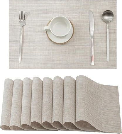 Leetaltree Beige White Placemats Set of 8 - Heat Resistant Non-Slip Place mats for Dining Table, Washable Durable PVC Vinyl Woven Table Mats（Beige White, 8）