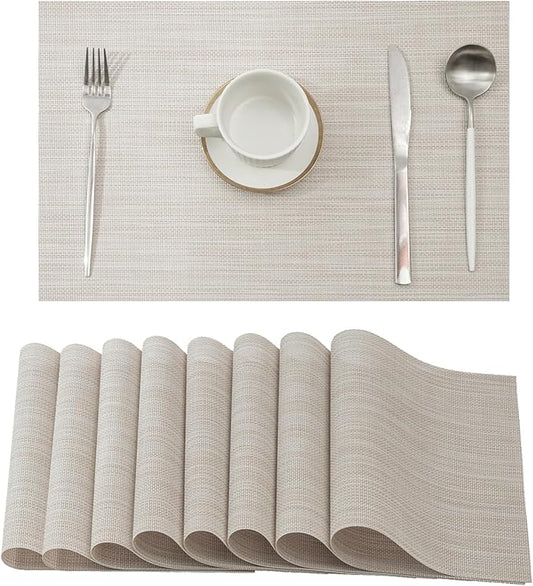 Leetaltree Beige White Placemats Set of 8 - Heat Resistant Non-Slip Place mats for Dining Table, Washable Durable PVC Vinyl Woven Table Mats（Beige White, 8）