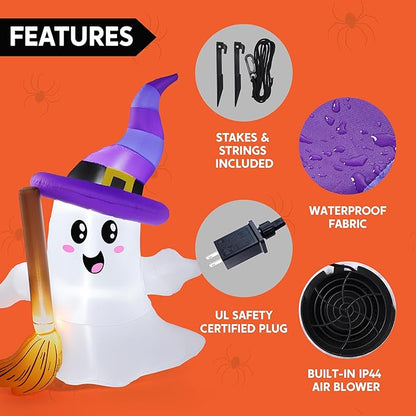 JOYIN 6 FT Tall Halloween Inflatables Ghost Outdoor Decorations, Cute Blow Up Ghost Holding Broom with LED, Blow Up Yard Decorations for Halloween Outdoor Yard Garden Lawn Party Decor