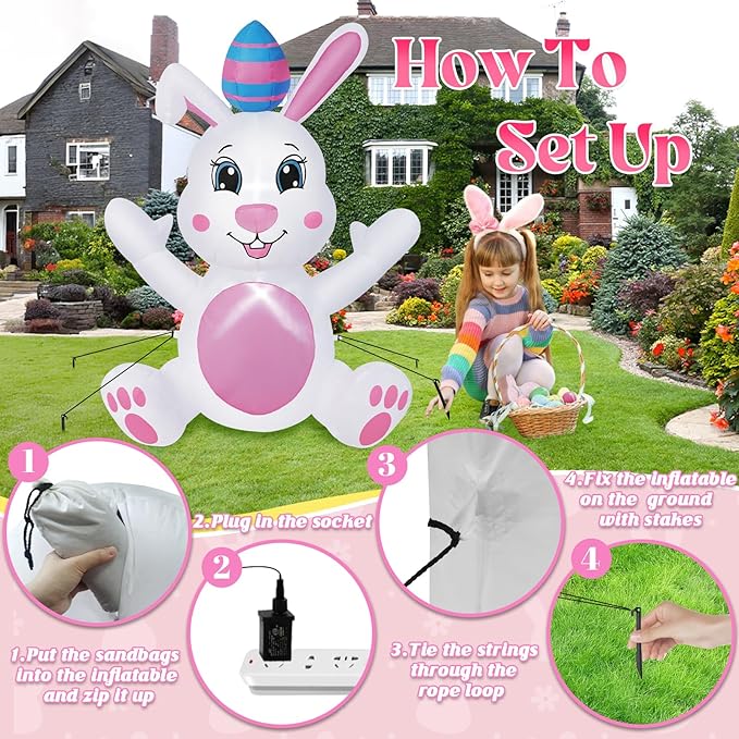4FT Easter Inflatables Outdoor Decorations, Inflatable Bunny with Egg Built-in LED Lights Happy Easter Blow Up Yard Decorations for Spring Holiday Party Indoor Outdoor Garden Lawn Decor