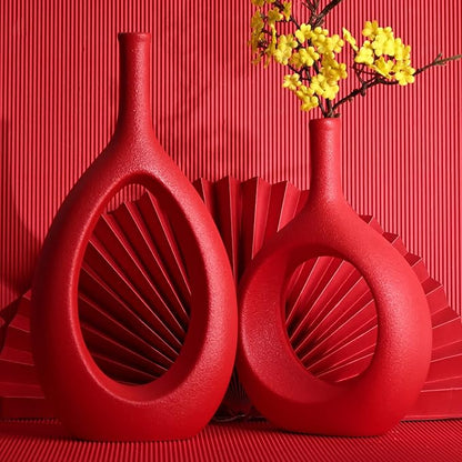 Red Ceramic Vase Set 2,Modern Hollow Circle with Hole Flower Vase for Home Decor,for Table Centerpieces,Farmhouse,Fire Place,Living Room,Bedroom,Office,Bookshelf,Rustic Decor