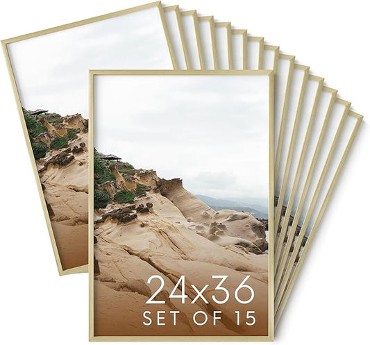 HAUS AND HUES 24x36 Gold Metal Picture Frames - Features Premium Aluminum, Vertical & Horizontal Hang, Shatterproof Plexiglass - For Home, Room, Office (24x36 in, Gold, Set of 15)