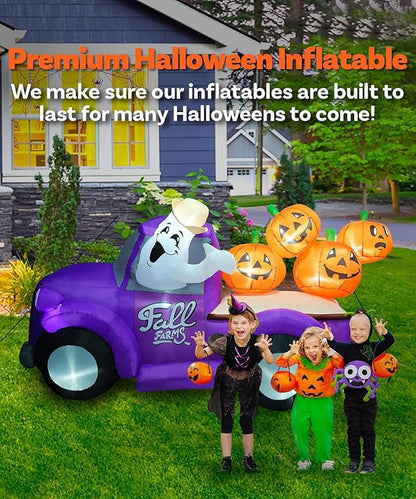 7.5FT Length Halloween Inflatable Hayride Truck with Ghost & 4 Halloween Pumpkins Decoration, Halloween Blow up Car Inflatable Built-in 10 LEDs for Halloween Inflatables Outdoor Decoration