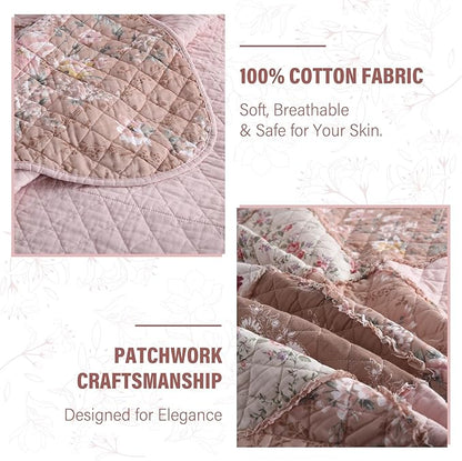 NEWLAKE Quilt Set King Size, Cotton Patchwork Pink Floral Quilt Sets, Real Stitched Embroidery Bedspread Lightweight and Breathable for All Seasons, Soft Quilted with 2 Pillow Shams