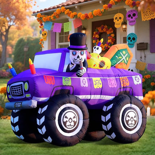 7FT Halloween Inflatable Blow Up Decorations, Dia de Los Muertos Day of Dead Catrina Skulls Monster Truck, Built-in LEDs for Holiday Party, Garden, Lawn, Yard, Patio Décor