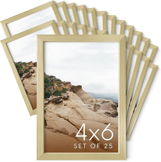 HAUS AND HUES 4x6 Gold Metal Picture Frames - 4X6 Frames Bulk - Features Premium Aluminum, Vertical Hanging, Easel Back for Tabletop, Home, Office (4x6 in, Gold, Set of 25)