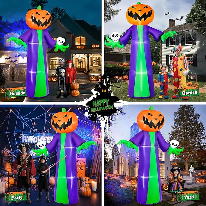 B&D 8FT Halloween Inflatables Outdoor Decorations, Inflatable Pumpkin Reaper Halloween Decorations Holds Skull Blow Up Yard Decoration Built-in Blue LED Disco Light for Holiday Party Garden Lawn Decor