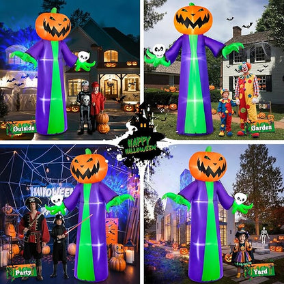 B&D 8FT Halloween Inflatables Outdoor Decorations, Inflatable Pumpkin Reaper Halloween Decorations Holds Skull Blow Up Yard Decoration Built-in Blue LED Disco Light for Holiday Party Garden Lawn Decor