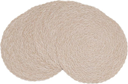 SHACOS Round Braided Placemats 15 inch Set of 6 Thick Boho Kitchen Table Placemats for Home Wedding Party (T-Beige, 6)