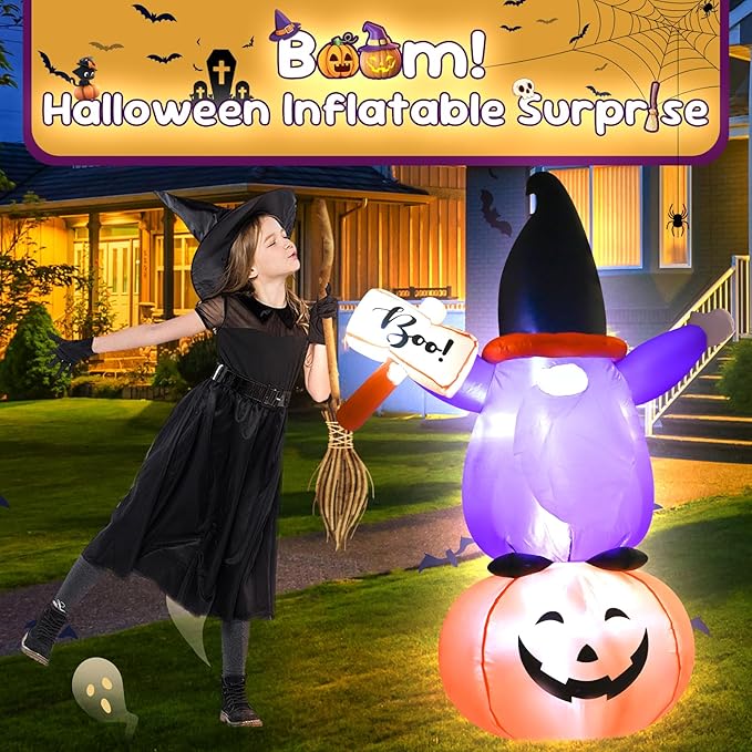 4FT Inflatable Halloween Decoration Blow up Gnome Pumpkin Holding a Sign with The Word Boo in Hand Decor with LED Lights Indoor Outdoor Yard Holiday Graden Party Decor