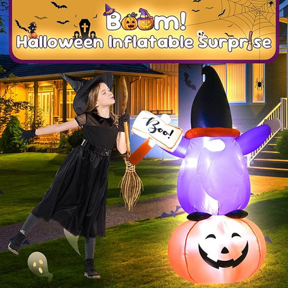 4FT Inflatable Halloween Decoration Blow up Gnome Pumpkin Holding a Sign with The Word Boo in Hand Decor with LED Lights Indoor Outdoor Yard Holiday Graden Party Decor