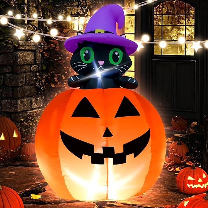 4FT Halloween Inflatable Decor Lifting Cat Pumpkins with LED Lights Indoor Outdoor Blow Up Decoration Halloween Party Holiday Decoration