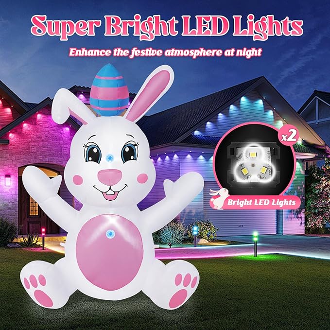 4FT Easter Inflatables Outdoor Decorations, Inflatable Bunny with Egg Built-in LED Lights Happy Easter Blow Up Yard Decorations for Spring Holiday Party Indoor Outdoor Garden Lawn Decor