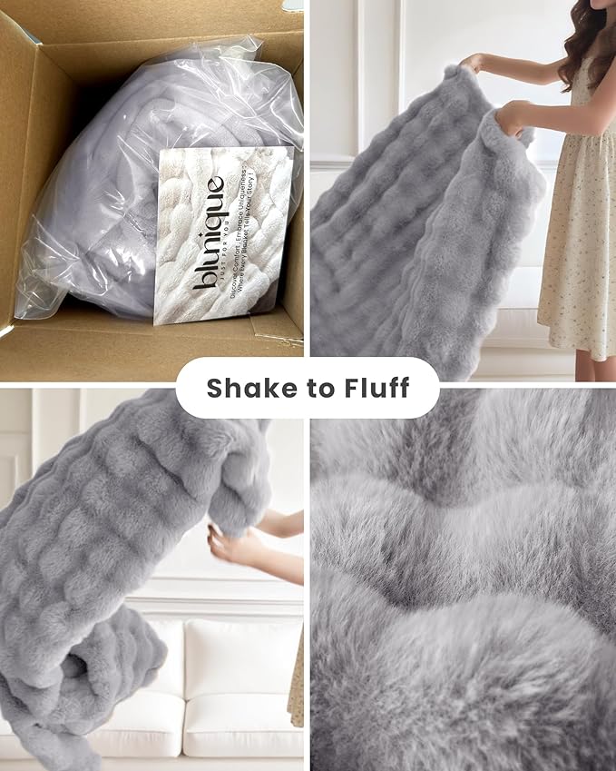 Ultra Soft Cozy Faux Fur Throw Blanket, Fuzzy Plush Thick Bubble Blanket, Oversize Luxury Fluffy Blanket for Couch, Bed, and Living Room, 50x60 Inches, Light Grey