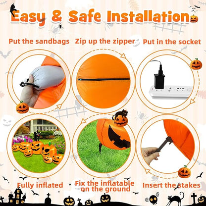 B&D 8FT Long Halloween Inflatables Pumpkin Outdoor Decorations, 7 Inflatable Pumpkins and Black Cat Combo Halloween Blow Up Decorations Built-in LEDs for Holiday Party Yard Garden Lawn Patio Décor