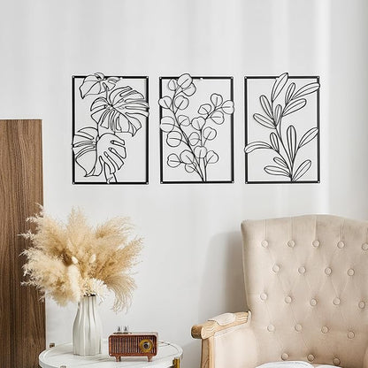 FUNTEREST 3 Pieces Black Metal Wall Art Decor Modern Minimalist Floral Single Line Living Room Wall Decor Abstract Wall Hanging Decor for Kitchen Office Bedroom Bathroom (Floral C)