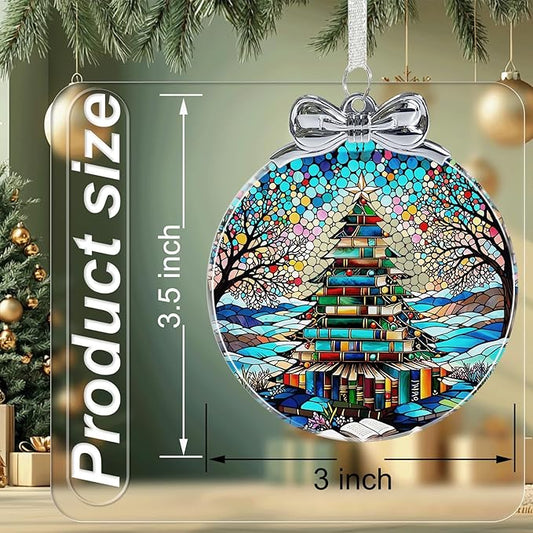 Book Christmas Tree Stained Glass Christmas Ornament - Hanging Ornaments for Christmas Tree Decorations - Holiday Keepsake Present Exchange Idea