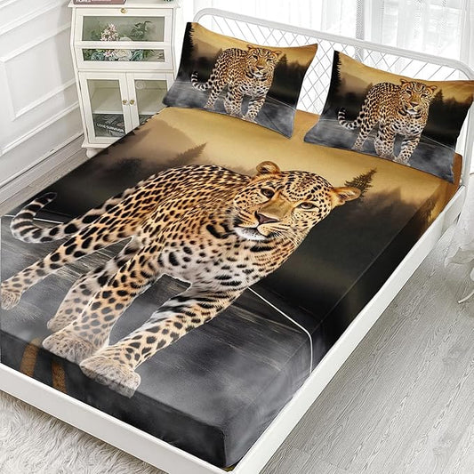 AILONEN Leopard Fitted Sheet Set Queen Size, 3D Cheetah Printed Bed Sheet Set,Wildlife Bedding Leopard Sheet Set,Wild Animal Leopard Bed Sheet Set Boys Fitted Sheet with 2 Pillowcases,3 Pieces