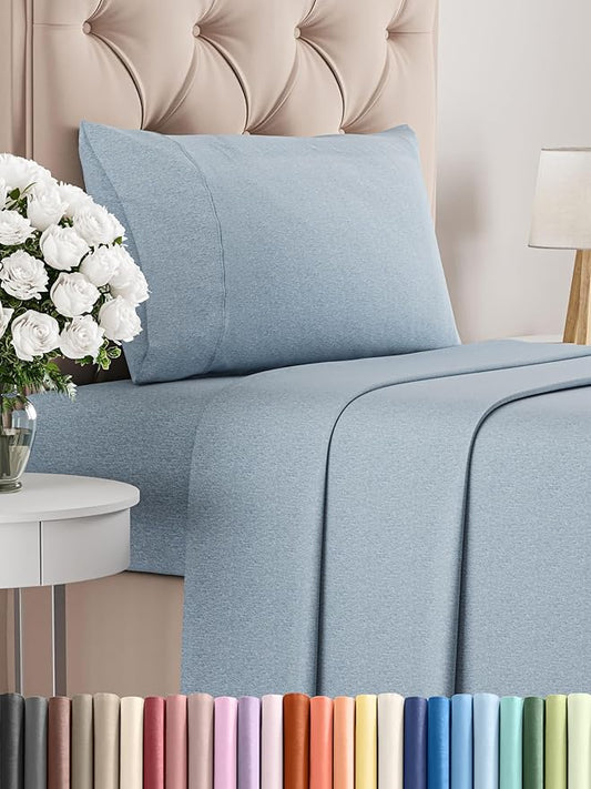 Twin Size 3 Piece Sheet Set - Comfy Breathable & Cooling Bed Sheets Set - Hotel Luxury Bedding for Women, Men, Kids, Teens, Boys & Girls - Deep Pockets, Soft & Wrinkle Free - Blue (Heathered Sheets)