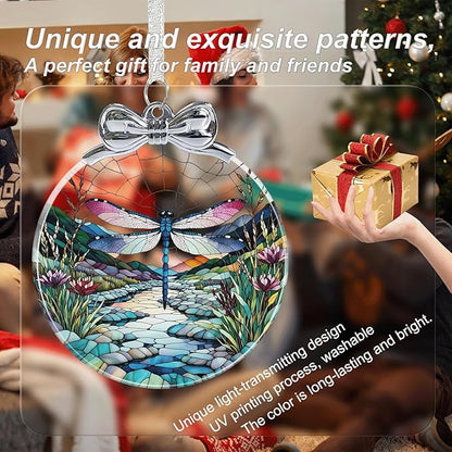 Dragonfly Stained Glass Christmas Ornament - Hanging Ornaments for Christmas Tree Decorations -Holiday Keepsake Present Exchange Idea