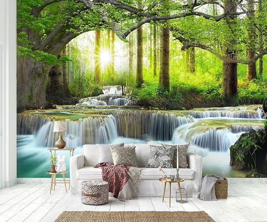 Green Waterfall Sunshine Forest Wallpaper Mural (Not Peel and Stick)