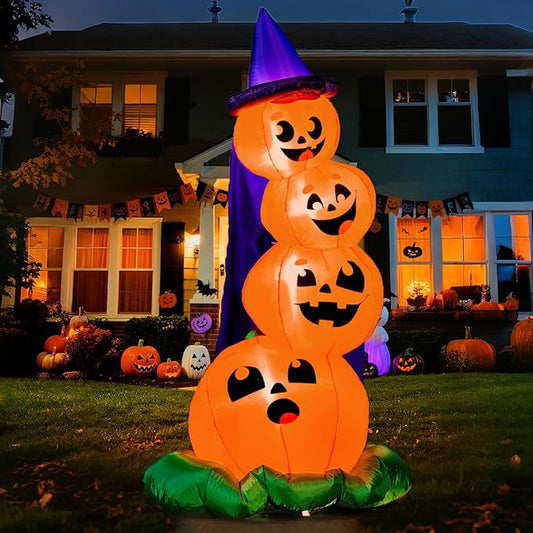Joiedomi 6 FT Halloween Inflatables Outdoor Decorations, Blow Up Yard Decorations Inflatable Pumpkins with Witch Hat with Build-in LEDs, Stacked Pumpkins Blow Ups for Yard, Halloween Decor