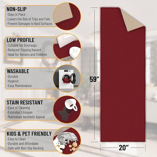 Machine Washable Modern Solid Design Non-Slip Rubberback 2x5 Traditional Runner Rug for Hallway, Kitchen, Bedroom, Entryway, 20" x 59", Red