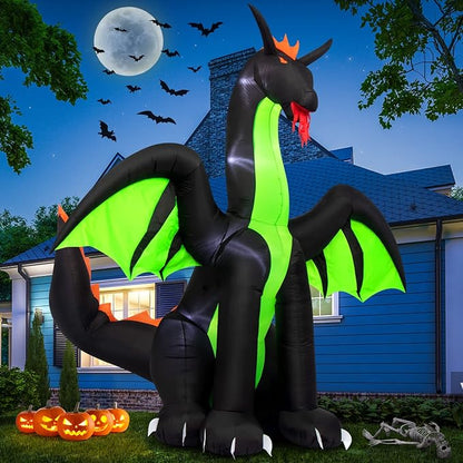 Halloween Inflatables 9FT Giant Inflatable Dragon Halloween Decorations with Wings, Built-in LEDs Halloween Blow Up Yard Decorations for Outdoor Indoor Party Garden Lawn Decor