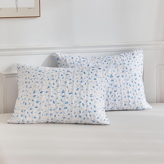 mixinni Full Queen Quilt Bedding Set with Pillow Shams, 3 Piece Boho Blue Floral Bed Coverlets for All Seasons, Soft Lightweight Microfiber Quilted Comforter Set-(90"x96", 1 Quilt+ 2 Pillow Shams)
