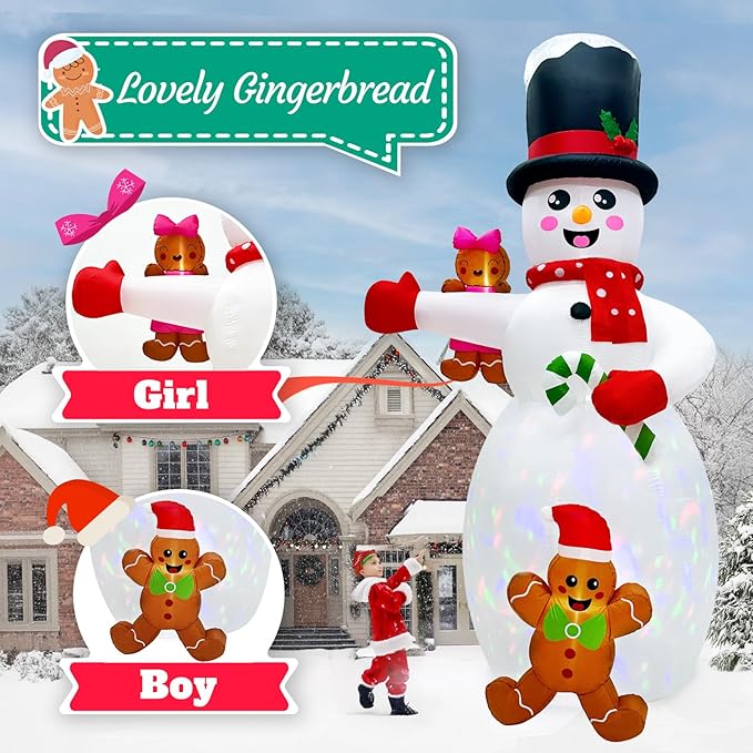 AerWo 14FT Giant Christmas Inflatable Outdoor Decoration, Christmas Blow Ups Yard Decorations Snowman with Gingerbread Man Inflatables, Christmas Inflatables with Rotating LEDs for Lawn Xmas Decor
