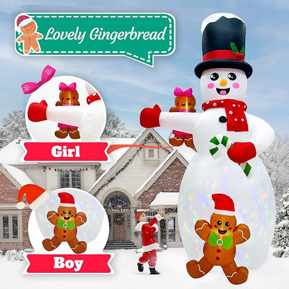AerWo 14FT Giant Christmas Inflatable Outdoor Decoration, Christmas Blow Ups Yard Decorations Snowman with Gingerbread Man Inflatables, Christmas Inflatables with Rotating LEDs for Lawn Xmas Decor