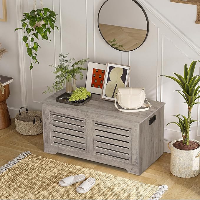DINZI LVJ Storage Chest, 39.4”Wooden Toy Box with 2 Safety Hinges, Retro Entryway Shoe Storage Bench with Flip-Top, Sturdy Large Storage Trunk for Living Room, Bedroom, Easy Assembly, Greige