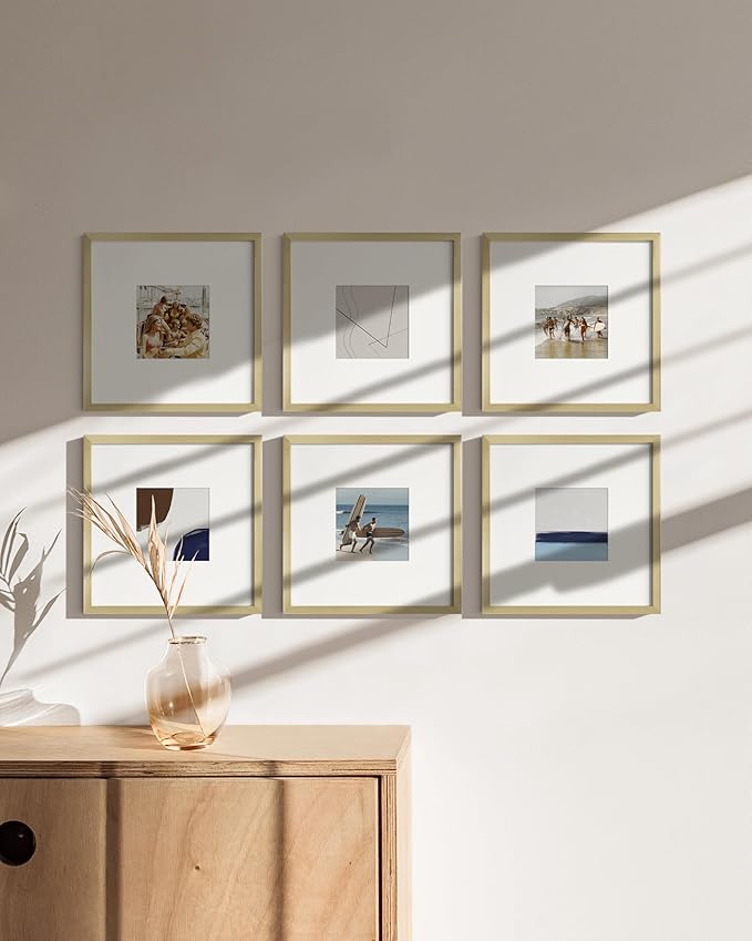 HAUS AND HUES 10x10 Gold Metal Picture Frames Matted to 5x5 - Features Premium Aluminum & Hanging Hardware, Shatterproof Plexiglass - Ideal for Home, Room, Office (10x10 in, Gold, Set of 6)