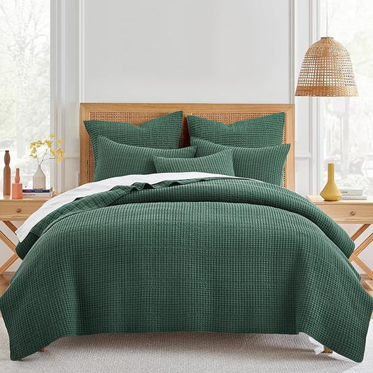 Levtex Home Mills Waffle King/Cal King Quilt Set (106x92in) with 2 Pillow Shams (36x20in) - Forest Green - 100% Cotton King Size Quilt Bedding Set - Lightweight, Soft, Pre-Washed