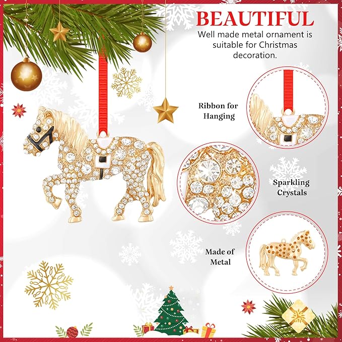 WhatSign Horse Christmas Ornament - Metal Tree Decoration With Rhinestones, Gold Hanging Farmhorse Animal Decor, Gifts for Girls and Horse Lovers