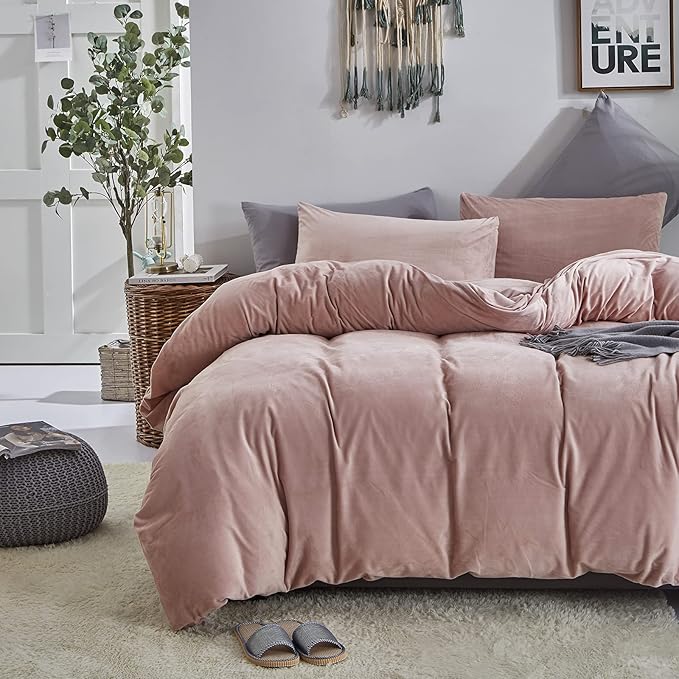 Cottonight Pink Velvet Comforter Set - California King Dusty Pink Flannel Bedding - Thick Heavyweight Blush Pink Warm Blanket Quilts - Winter 3 Piece Set for Cal King Bed