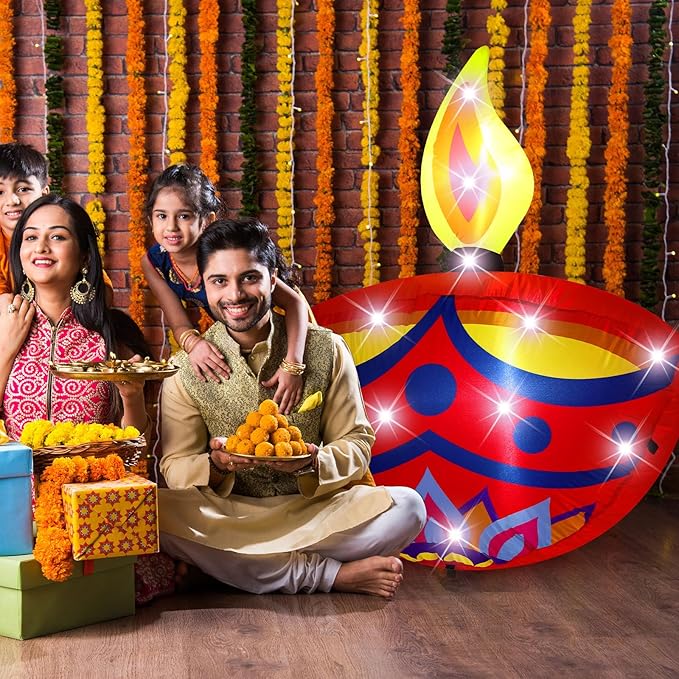 VIHOSE 4 ft Happy Diwali Inflatables Diya Deepavali Themed Blow up Decor Indian Festival LED Lights Inflatable Decoration for Outdoor Indian Diwali Lights Party Lawn Decorations