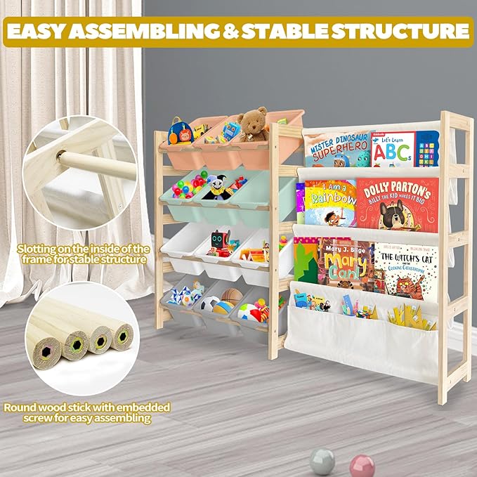Toy Storage Organizer with Bookshelf - 12 Storage Bins 4-Tier Multipurpose Shelf to Organize Toys and Books for Kids Room, Playroom, Nursery Room, Multi-Color