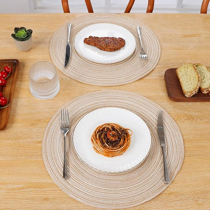 SHACOS Round Braided Placemats Set of 8 Cotton Fabric Round Table Mats Non Slip Washable 15 inch Round Place Mats (Beige, 8)