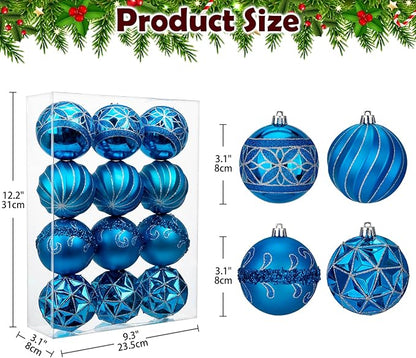 12pcs Blue Christmas Ornaments Balls 3.14 inch Glitter Hanging Christmas Tree Ornaments Set for Christmas Decorations Hand Painted Shatterproof Christmas Baubles for Xmas Holiday Party Decor