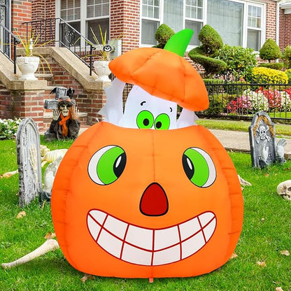 COMIN 5 FT Halloween Inflatables Animated Pumpkin Ghost Outdoor Decorations Blow Up Yard with Built-in LEDs for Indoor Party Garden Lawn Decor