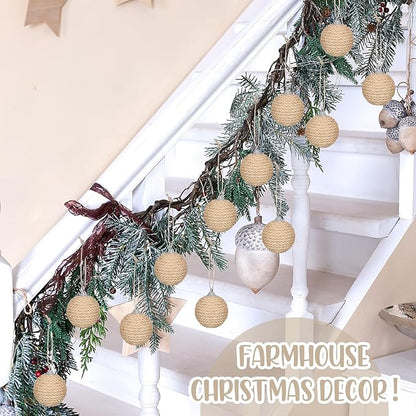 Syhood 18 Pcs 1.57 Inches Christmas Ball Ornaments Boho Farmhouse Jute Rope Hanging Balls Burlap Neutral Rustic Ornaments for Xmas Tree Holiday Wreath Garland Wedding Home