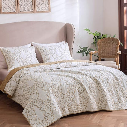 mixinni Quilt Twin Size Reversible 2-Piece Beige Embroidery Pattern Elegant Quilt Set with Embroidered Decorative Sham Soft Bedspread&Coverlet Set-Twin